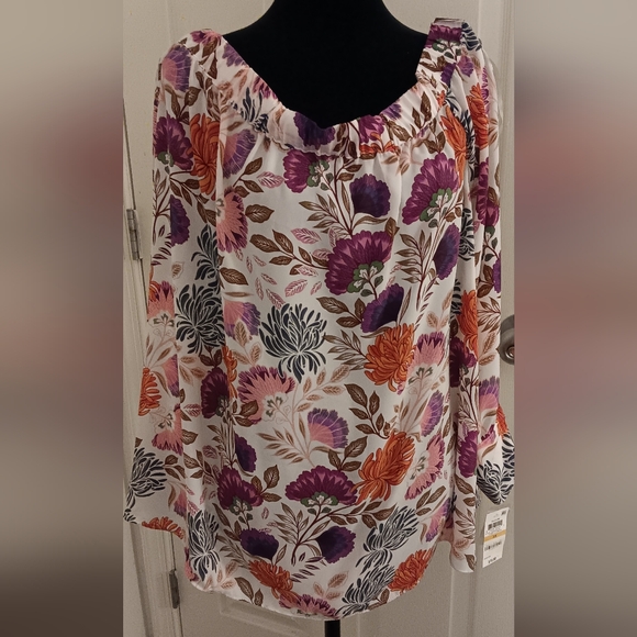 INC International Concepts Tops - INC International Concepts Purple and Brown Off Shoulder Floral Blouse